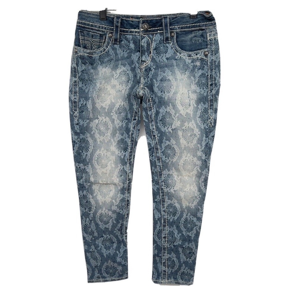 Rock Revival 27 Lydia Cropped Skinny Jeans Patterned Distressed Denim